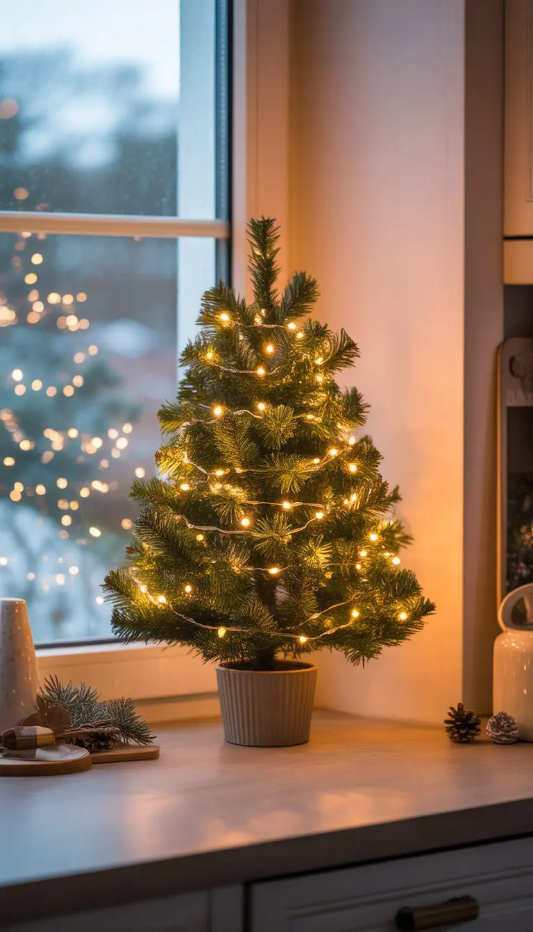 A small Christmas tree with warm white lights on a kitchen windowsill with a winter scene outside.