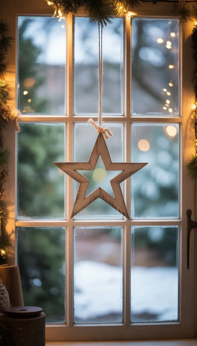 A rustic wooden star ornament hanging in the center pane of a kitchen window with Christmas decorations and a winter garden visible outside.
