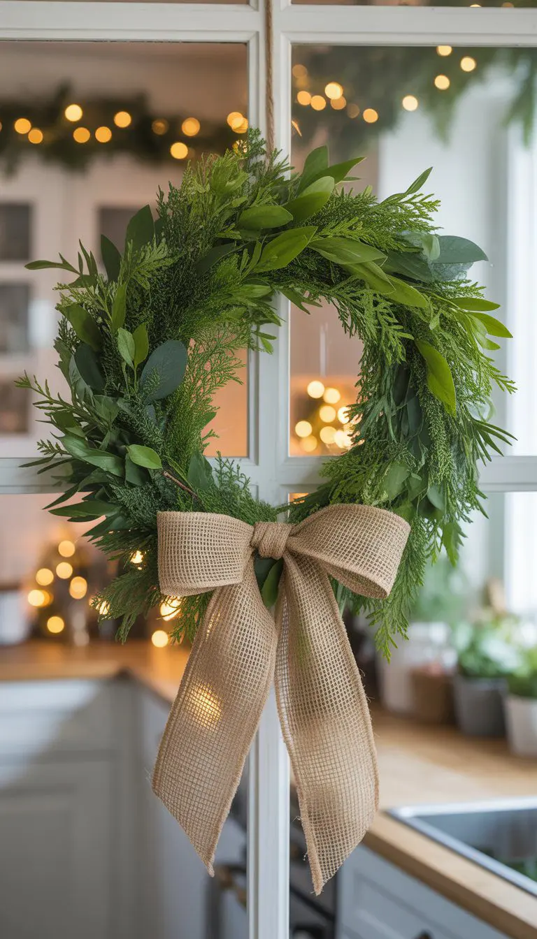 A fresh green wreath with a burlap bow hanging on a kitchen window decorated for Christmas.