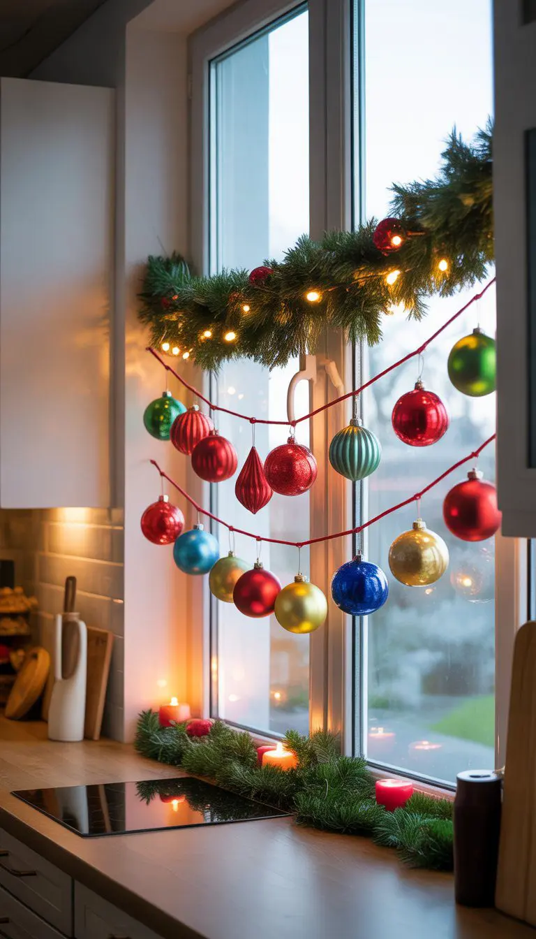 A kitchen window decorated with colorful glass ornaments hanging from a decorative rod, with a modern kitchen interior in the background.