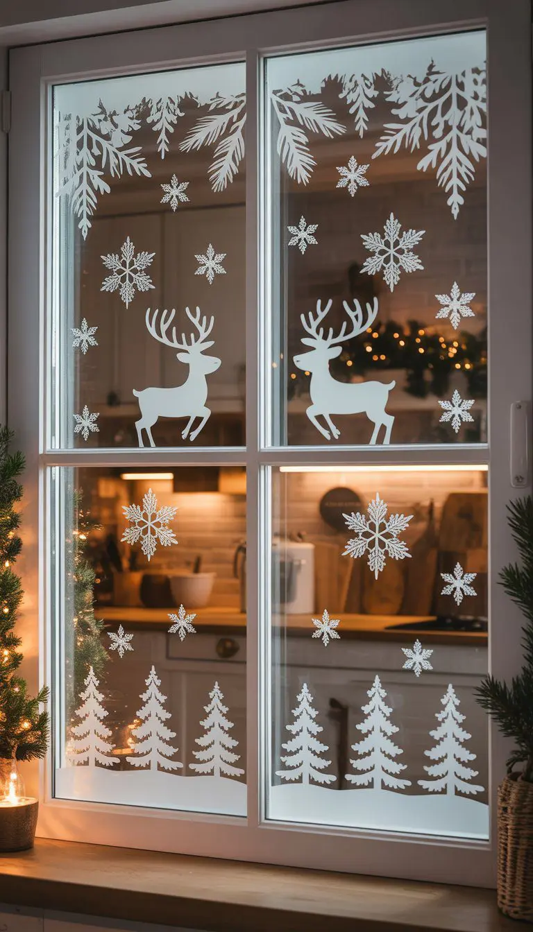 A kitchen window decorated with frosted snowflake and reindeer window clings for Christmas.