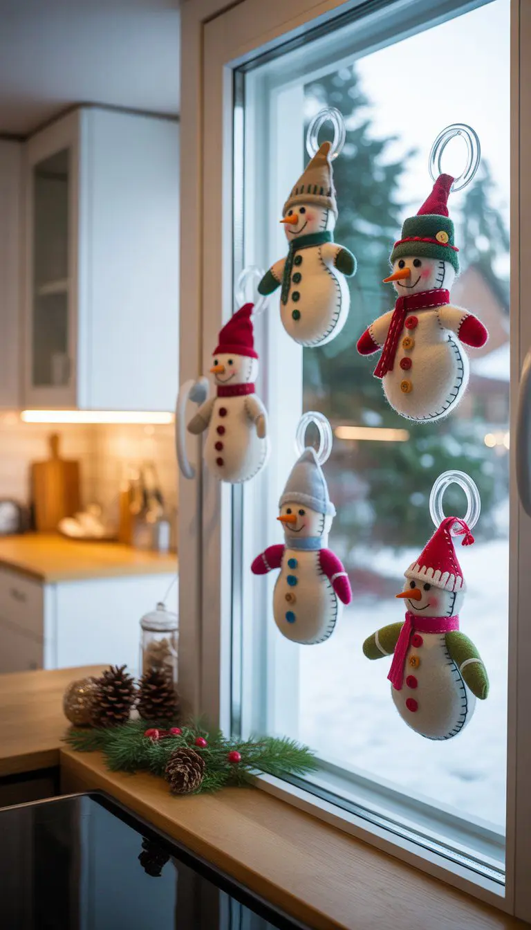 Handcrafted felt snowmen hanging from suction hooks on a kitchen window decorated for Christmas.