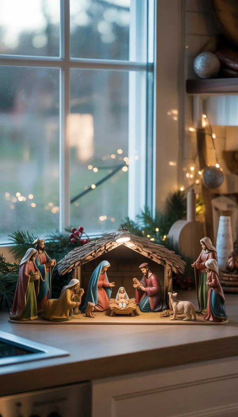 A small nativity scene with figurines of Mary, Joseph, baby Jesus, wise men, shepherds, and animals displayed on a kitchen window ledge with Christmas decorations around.