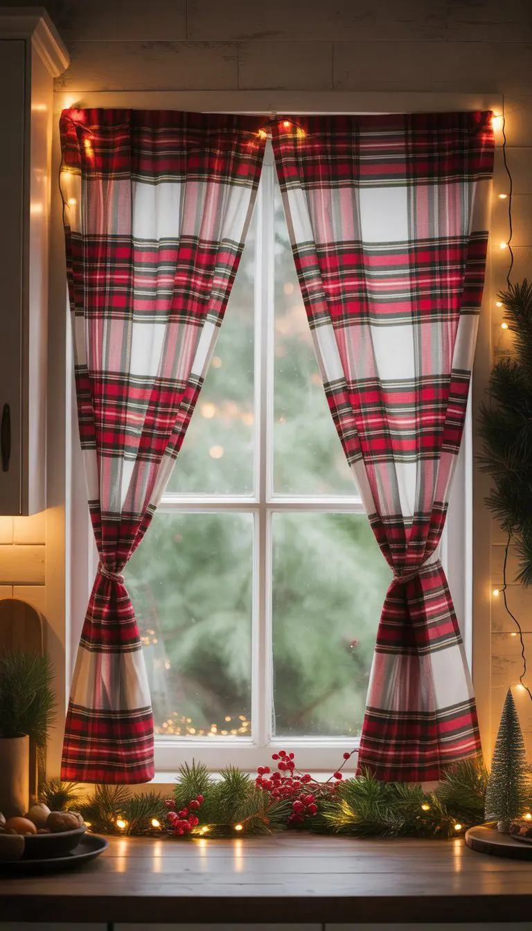 A kitchen window with red and white plaid curtains decorated with Christmas greenery and lights.