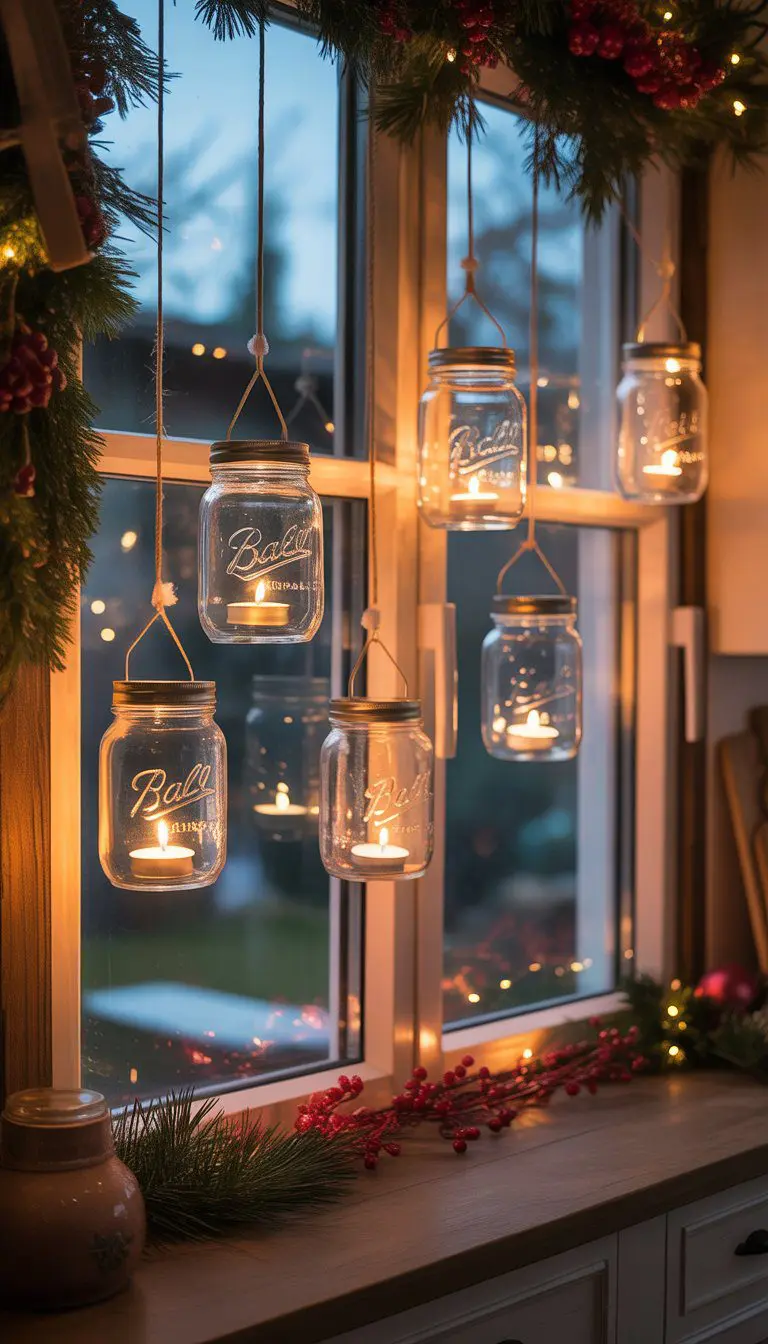 Kitchen window decorated with hanging mason jar lanterns containing lit tea lights and Christmas greenery.