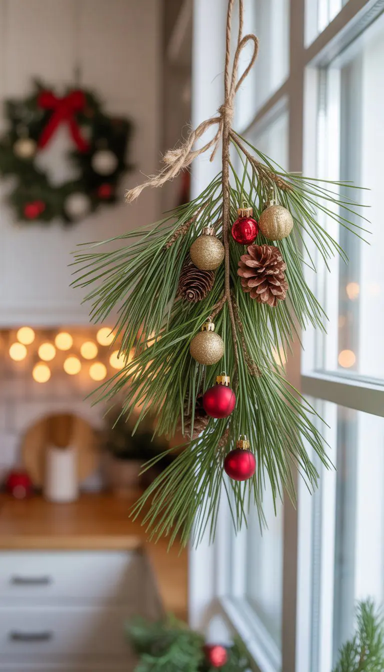 A pine bough tied with twine and decorated with Christmas ornaments hanging in front of a kitchen window.