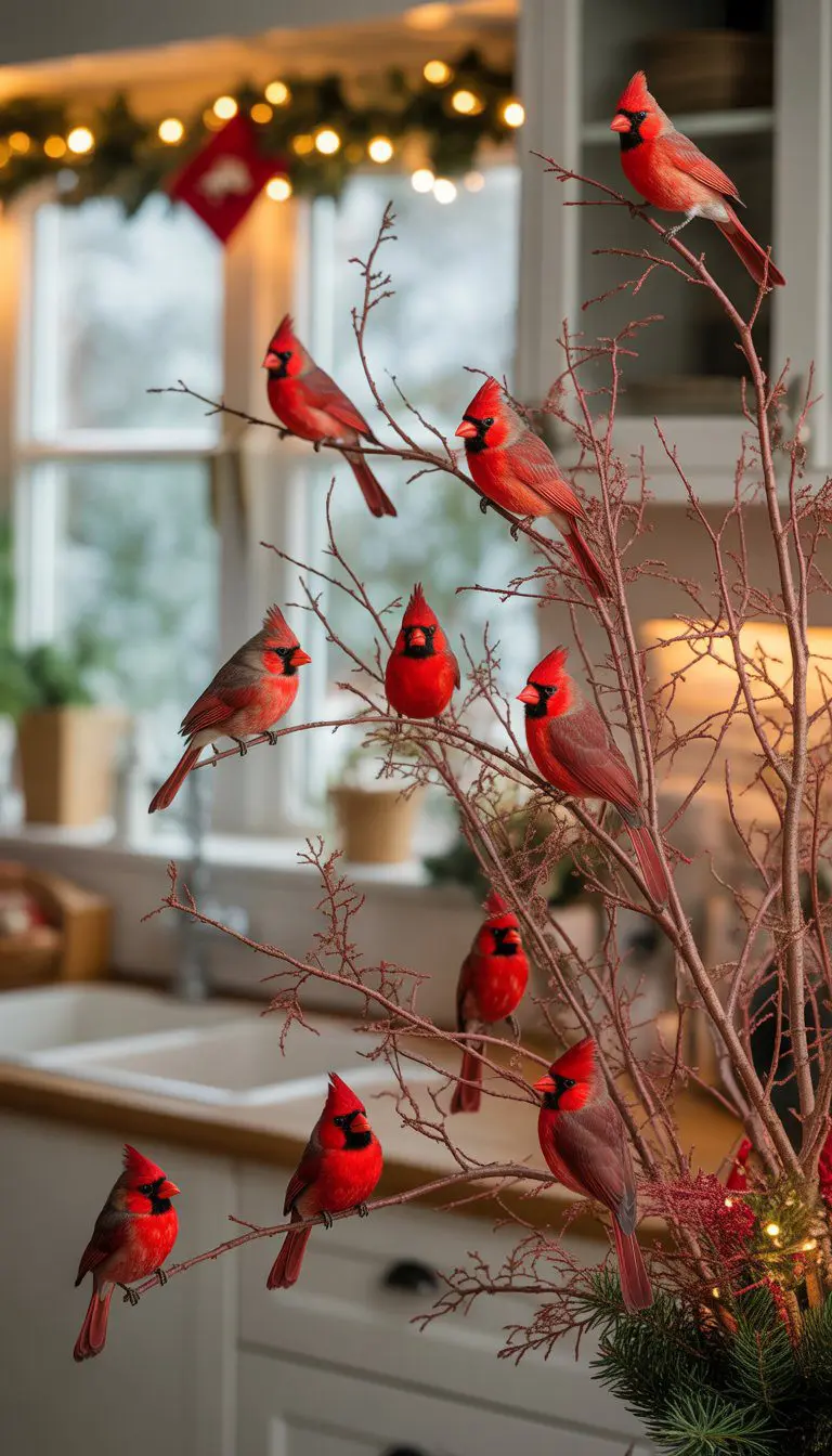 A group of small red cardinal birds perched on artificial branches near a kitchen window decorated for Christmas.