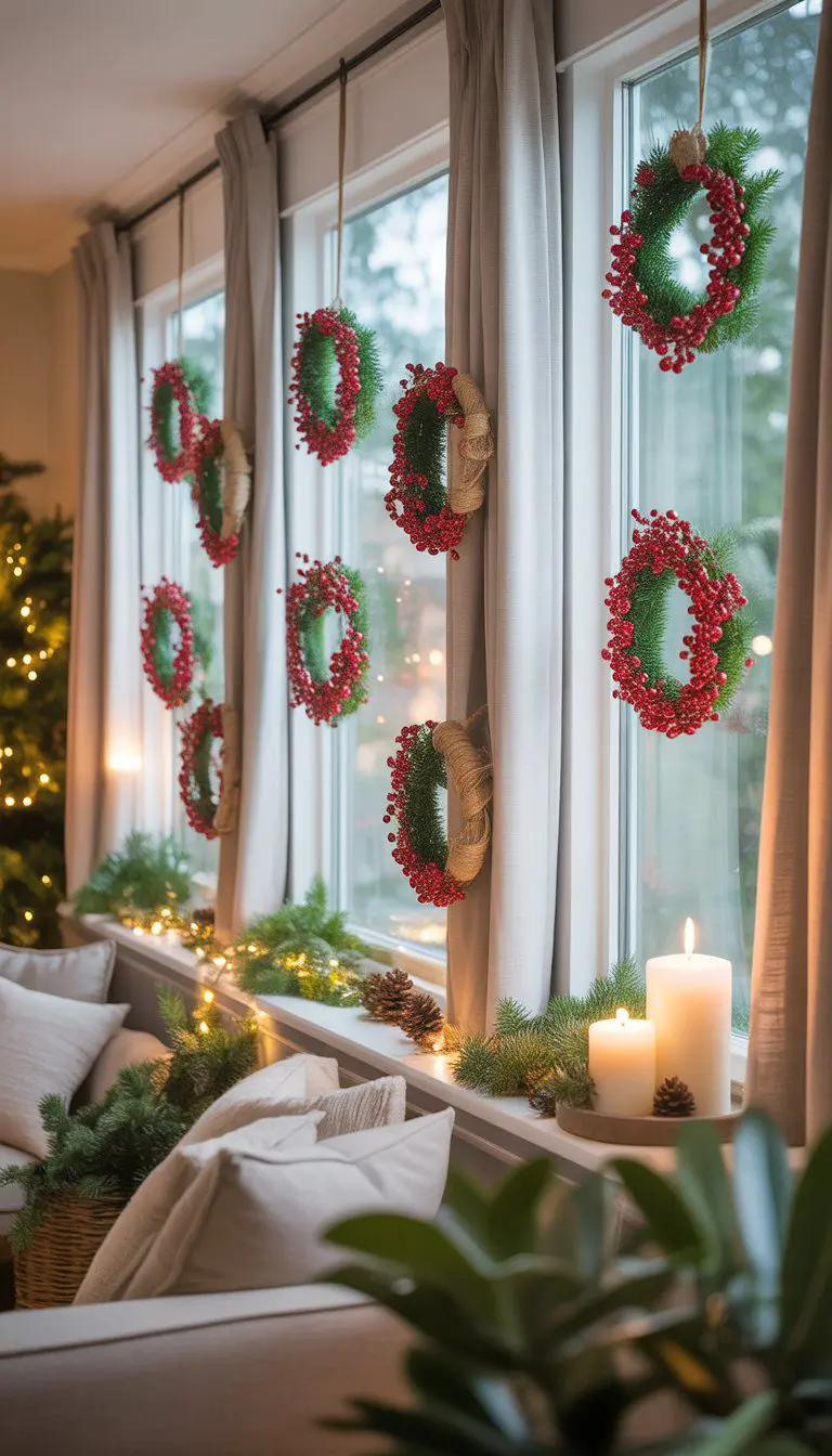 A sunroom decorated for Christmas with small wreaths featuring red berries hanging on curtain rods and natural light coming through large windows.