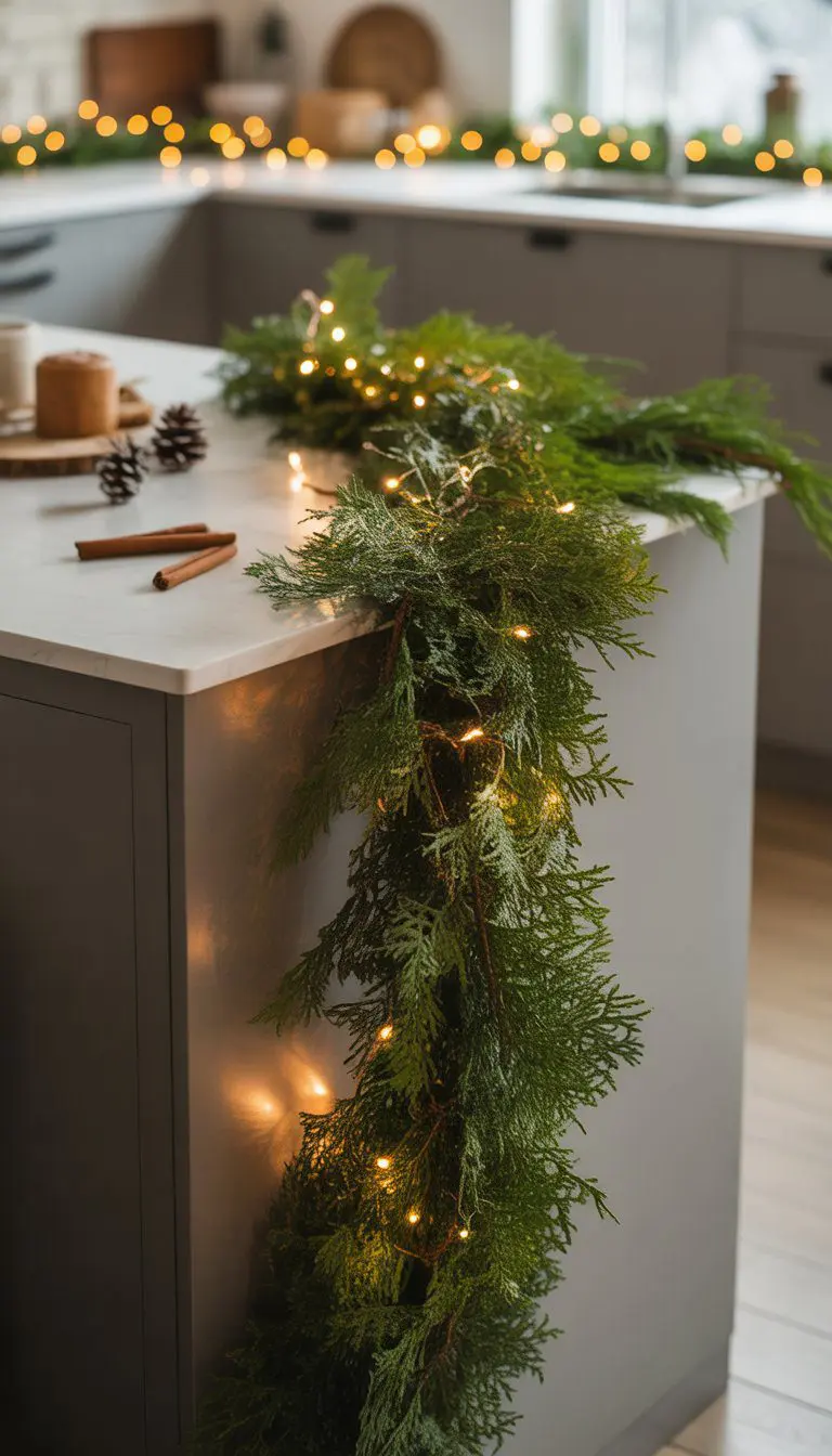A fresh evergreen garland with warm white fairy lights decorating a kitchen island for Christmas.