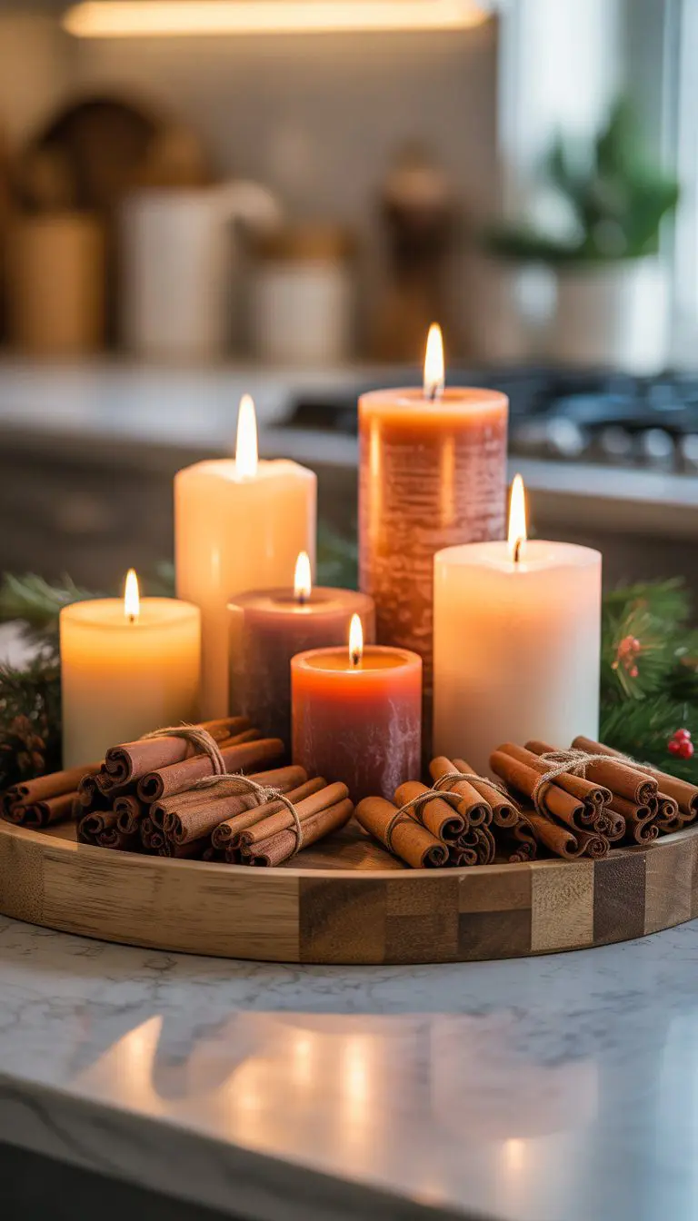 Rustic wooden tray on a kitchen island with lit pillar candles and bundles of cinnamon sticks arranged for Christmas decoration.