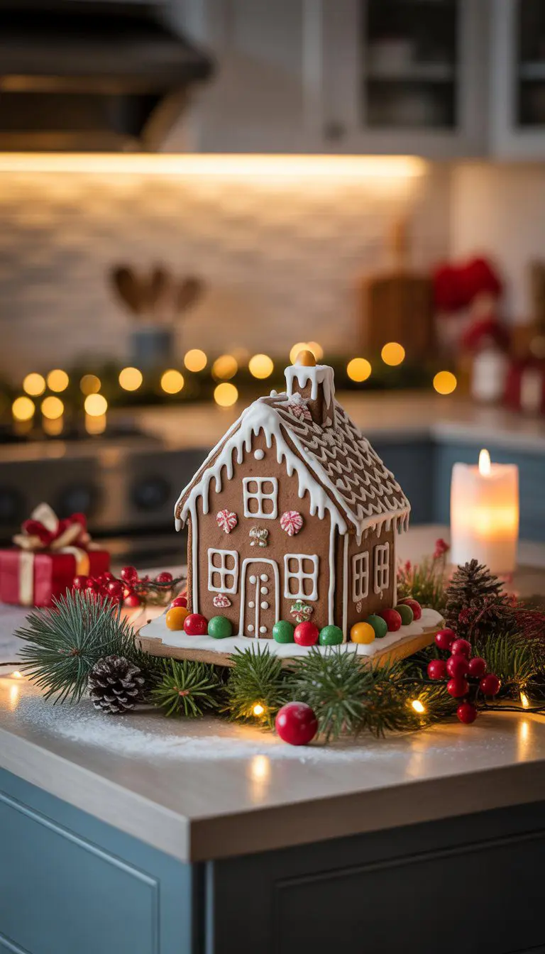 A miniature gingerbread house decorated with candy and icing on a kitchen island surrounded by Christmas decorations like pine branches, berries, and lights.