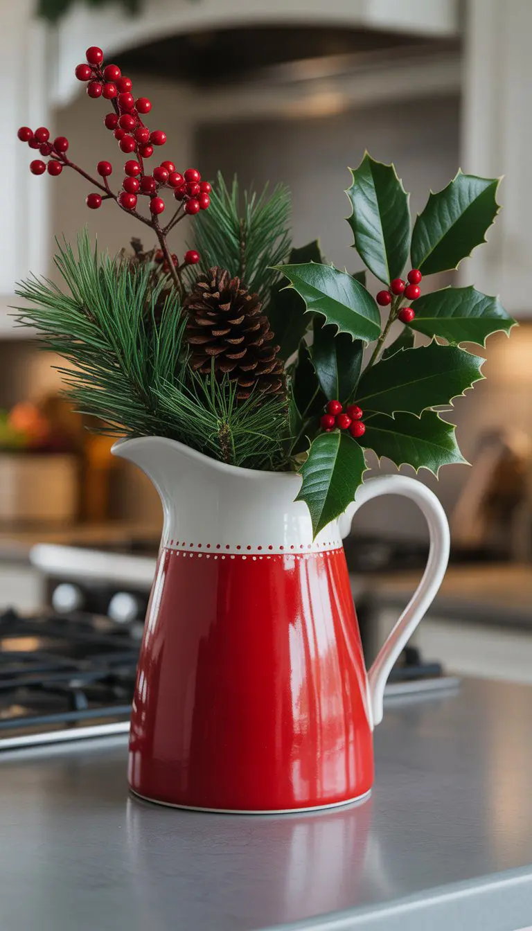 A red and white ceramic pitcher filled with holly leaves and pinecones sitting on a kitchen island.