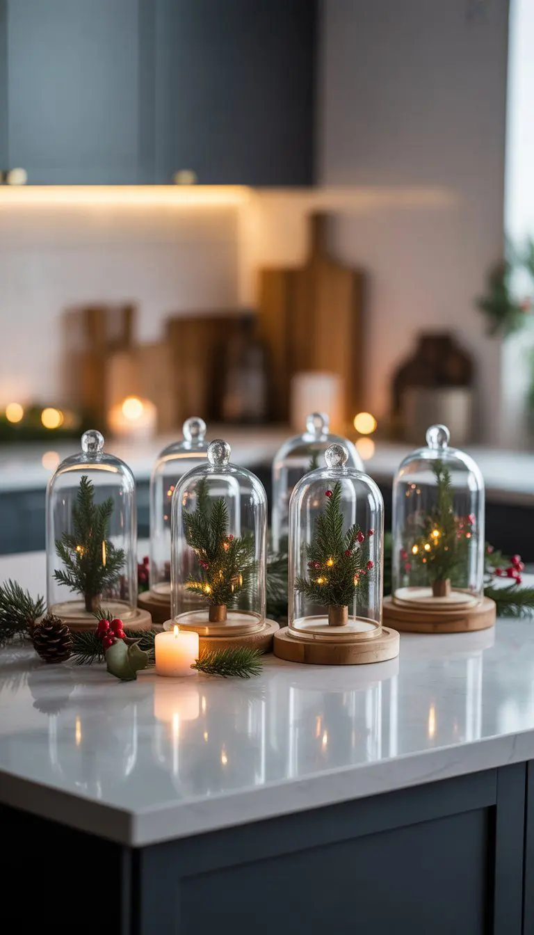 A kitchen island decorated with ten glass cloches, each covering a mini wreath or ornament, surrounded by small festive accents.