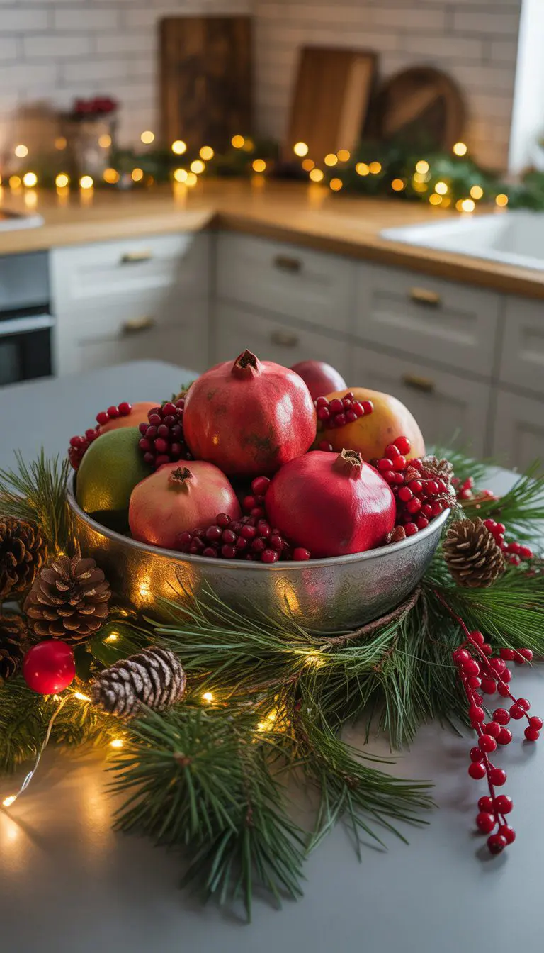 A bowl of pomegranates and cranberries on a kitchen island decorated with Christmas pine branches and pine cones.