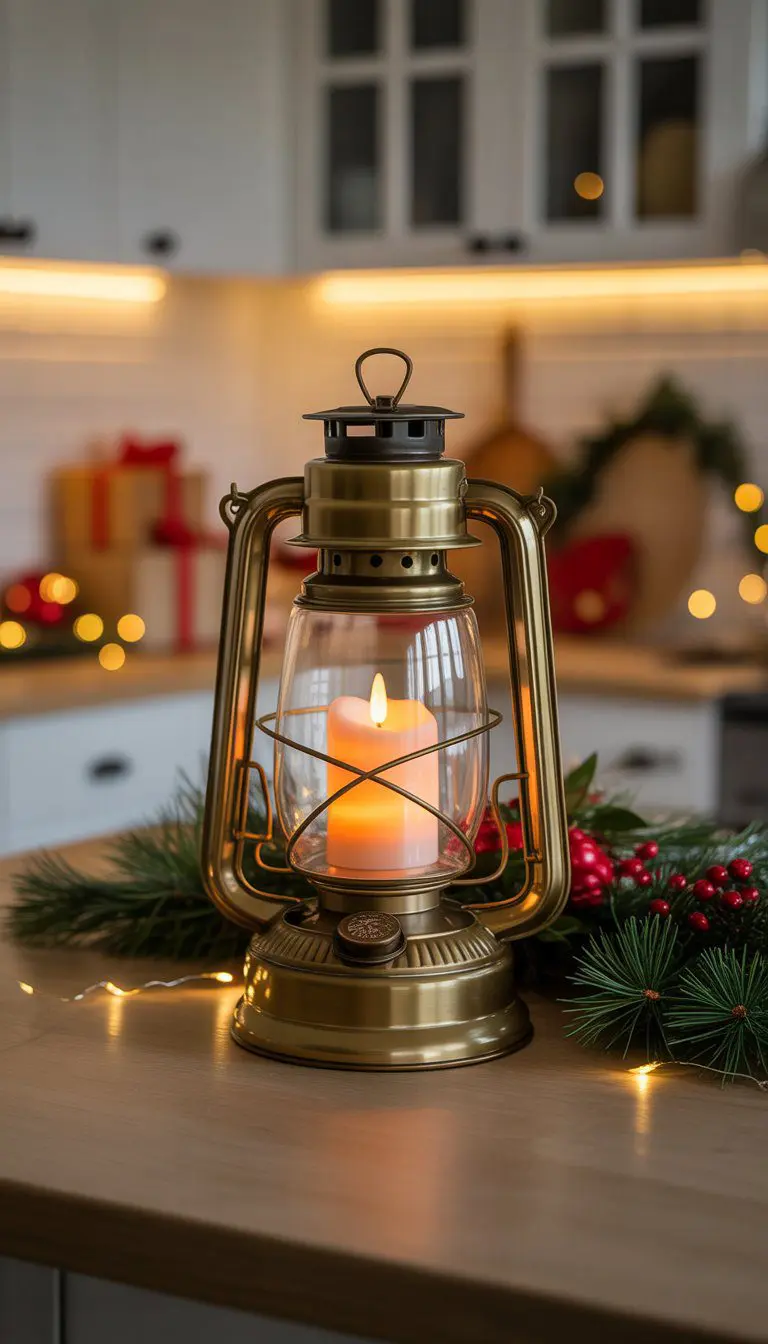 A vintage brass lantern with a glowing LED candle sits on a decorated kitchen island surrounded by Christmas decorations.
