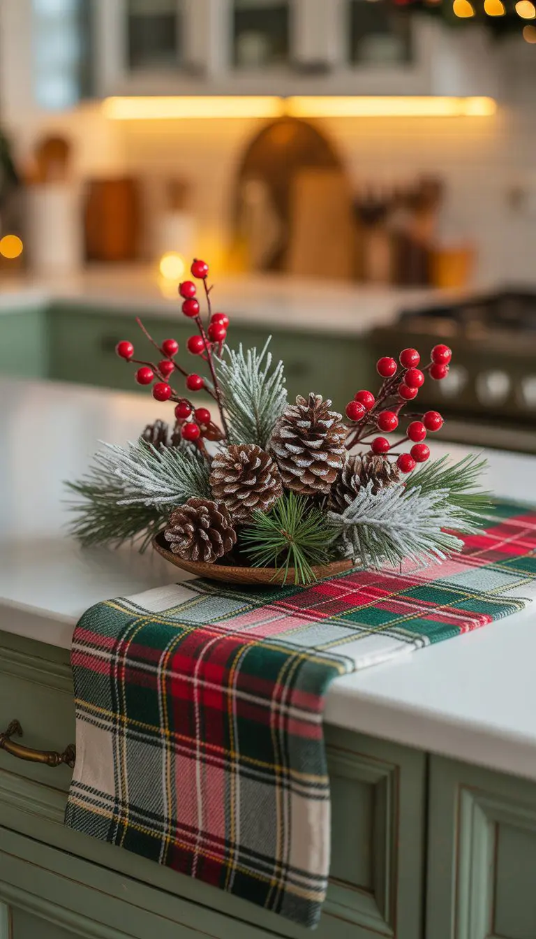 A kitchen island decorated with a plaid cloth runner, frosted pinecones, and red berries arranged together.