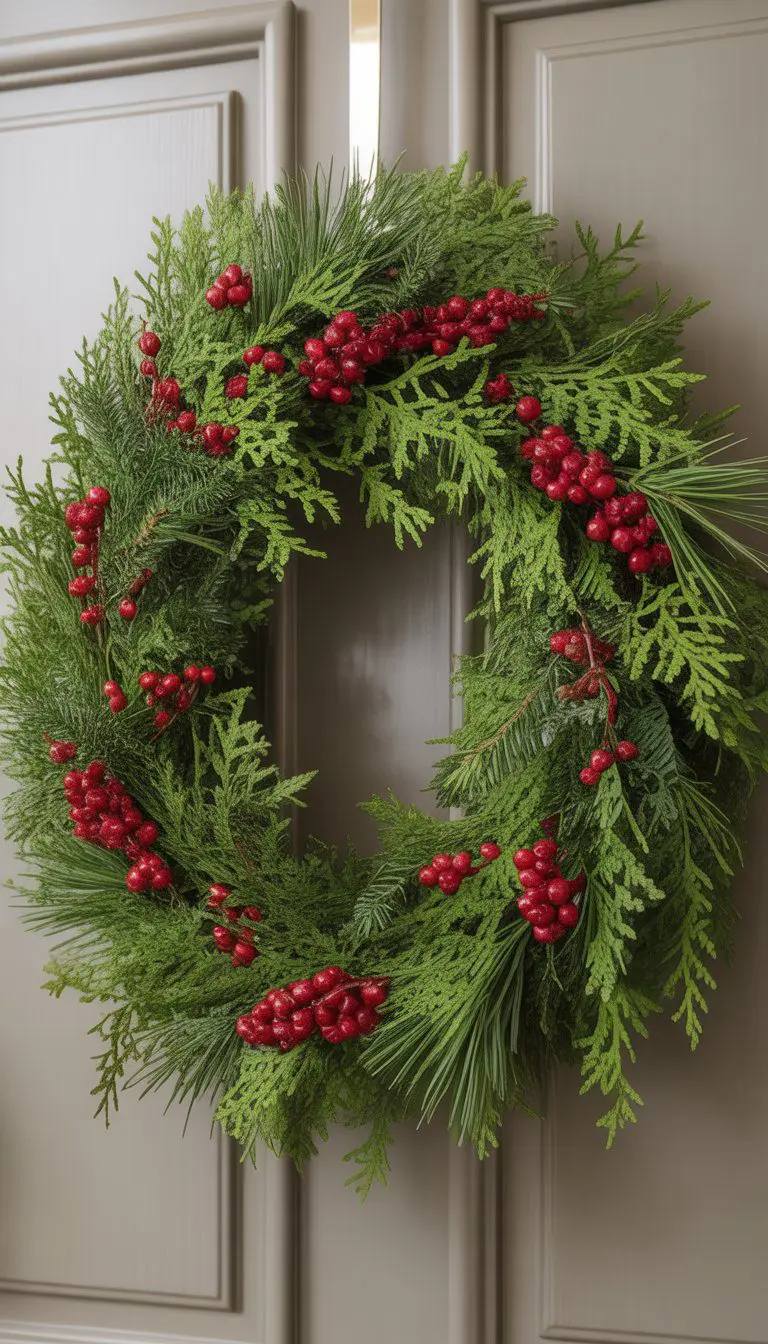 A Christmas wreath made of pine and cedar branches with red berries hanging on a front door.