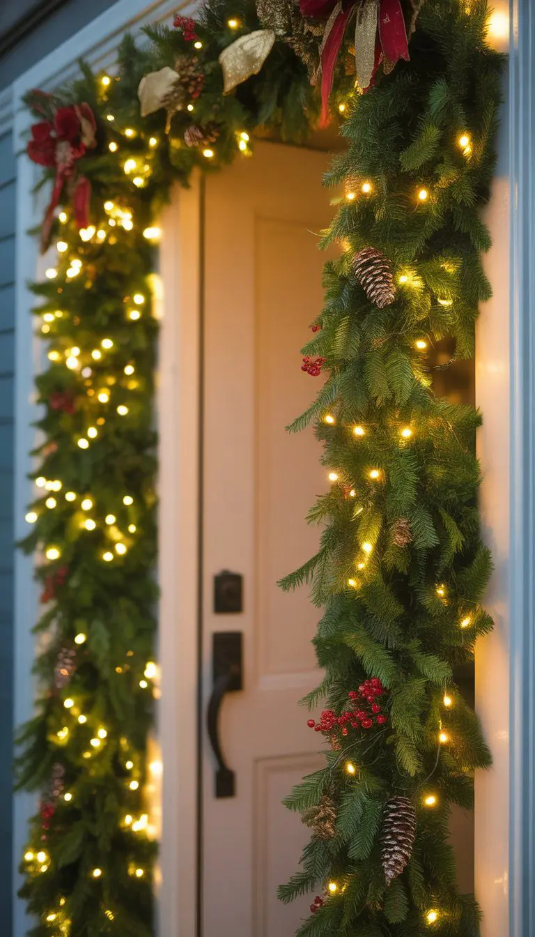 A Christmas entryway decorated with a green garland wrapped in warm white LED string lights around a doorway.