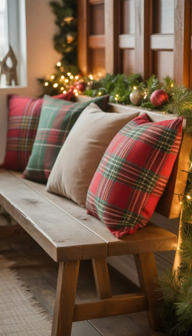 Rustic wooden bench with plaid throw pillows in a decorated entryway with Christmas accents.