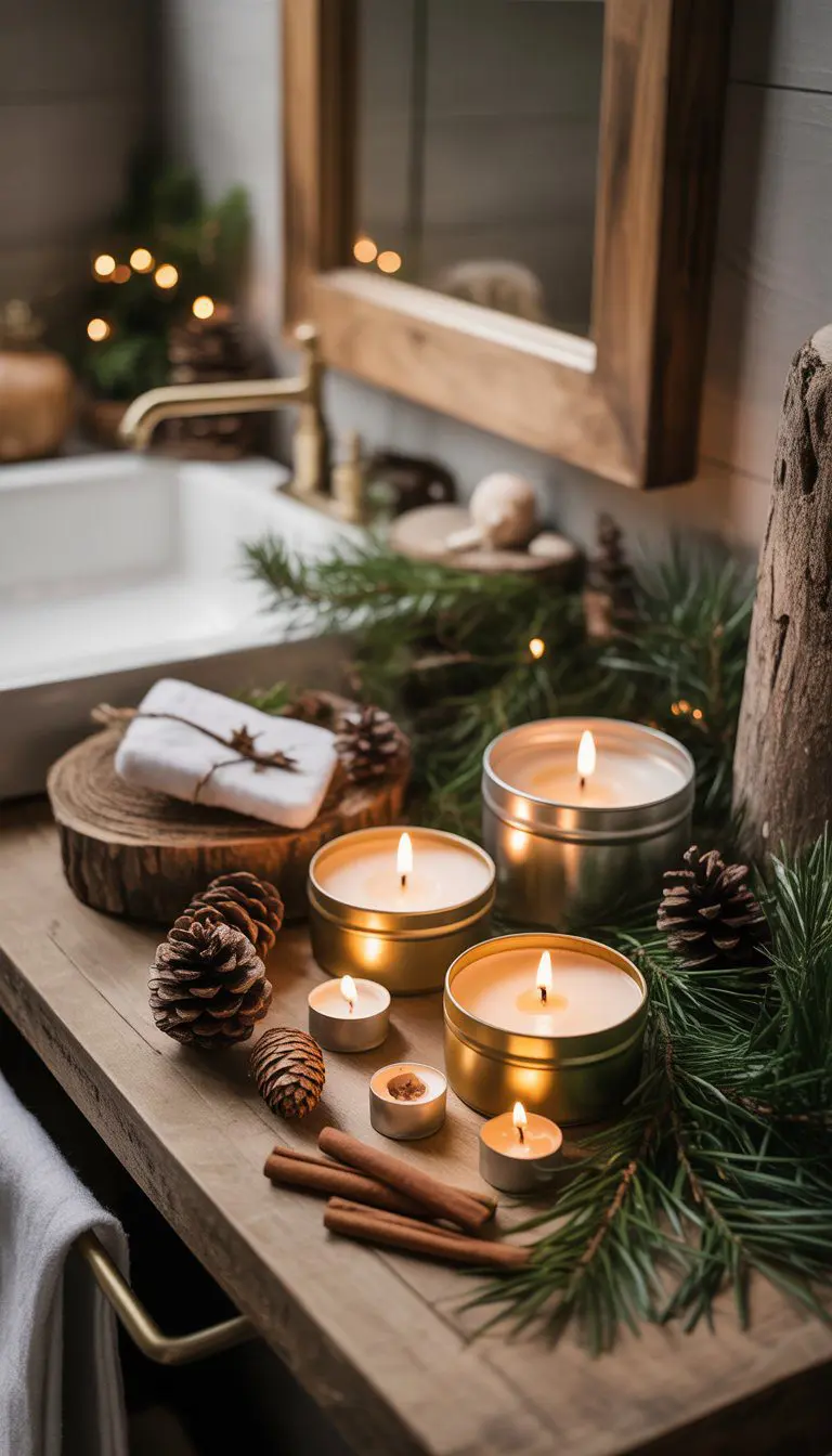 A rustic bathroom decorated for Christmas with pine-scented candles in metal tins, pine cones, evergreen branches, and cinnamon sticks arranged on a wooden surface.