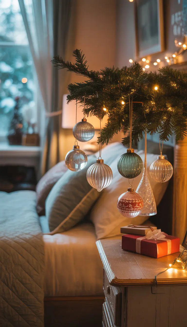 A cozy bedroom decorated for Christmas with a small tree adorned with retro glass ornaments on a bedside table and wrapped presents nearby.
