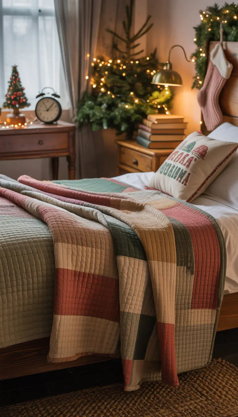 A cozy bedroom with quilted throw blankets on the bed, decorated for Christmas with a small tree, string lights, and rustic furniture.