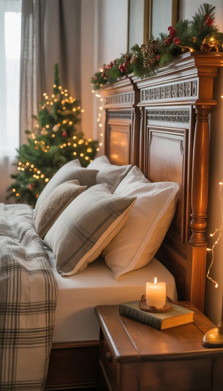 A cozy bedroom with antique wooden bed frames decorated for Christmas, featuring a small Christmas tree, garlands, and warm lighting.