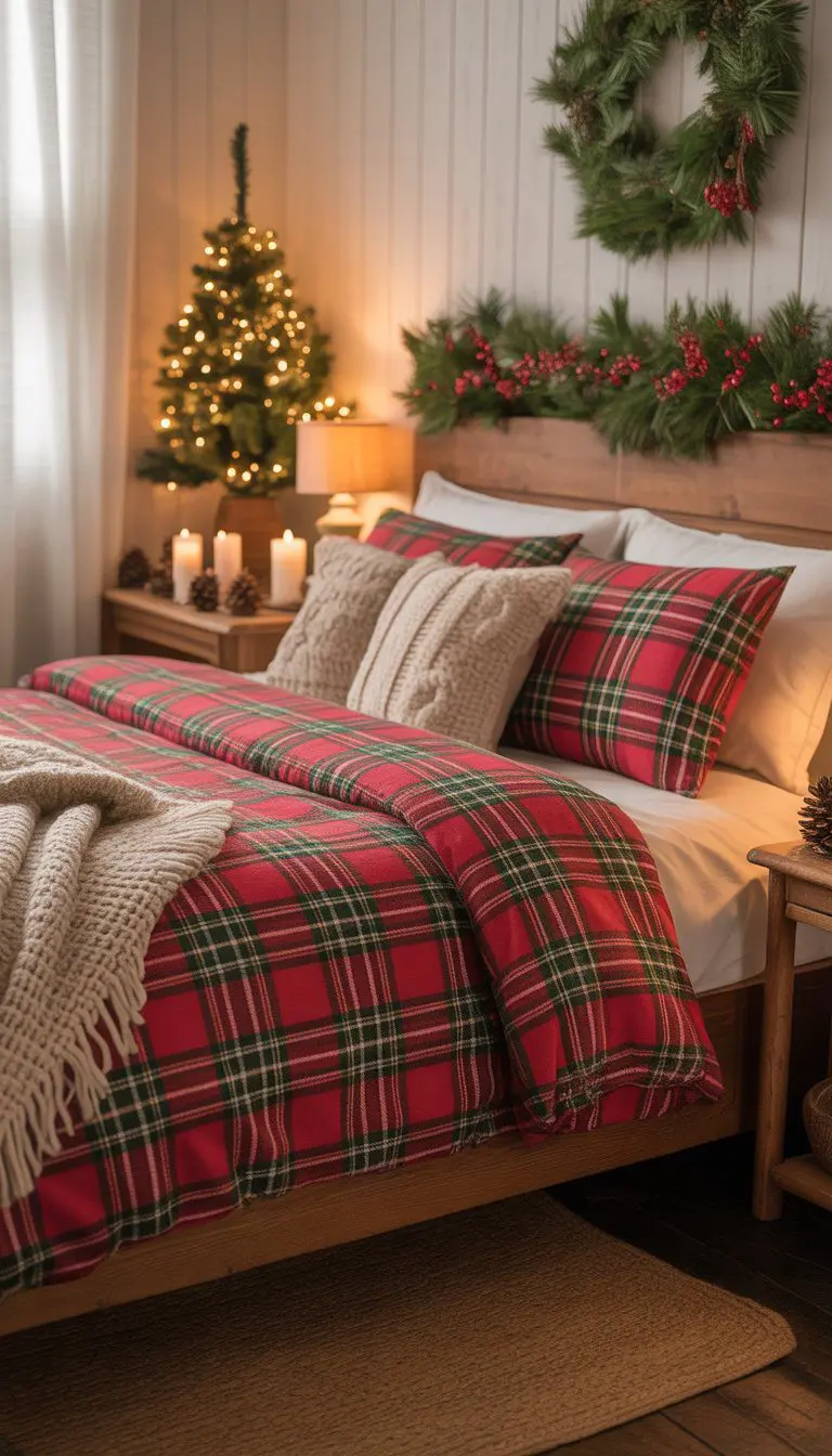 A cozy bedroom with a bed made with plaid flannel sheets and Christmas decorations including a small tree, pine garlands, and candles.