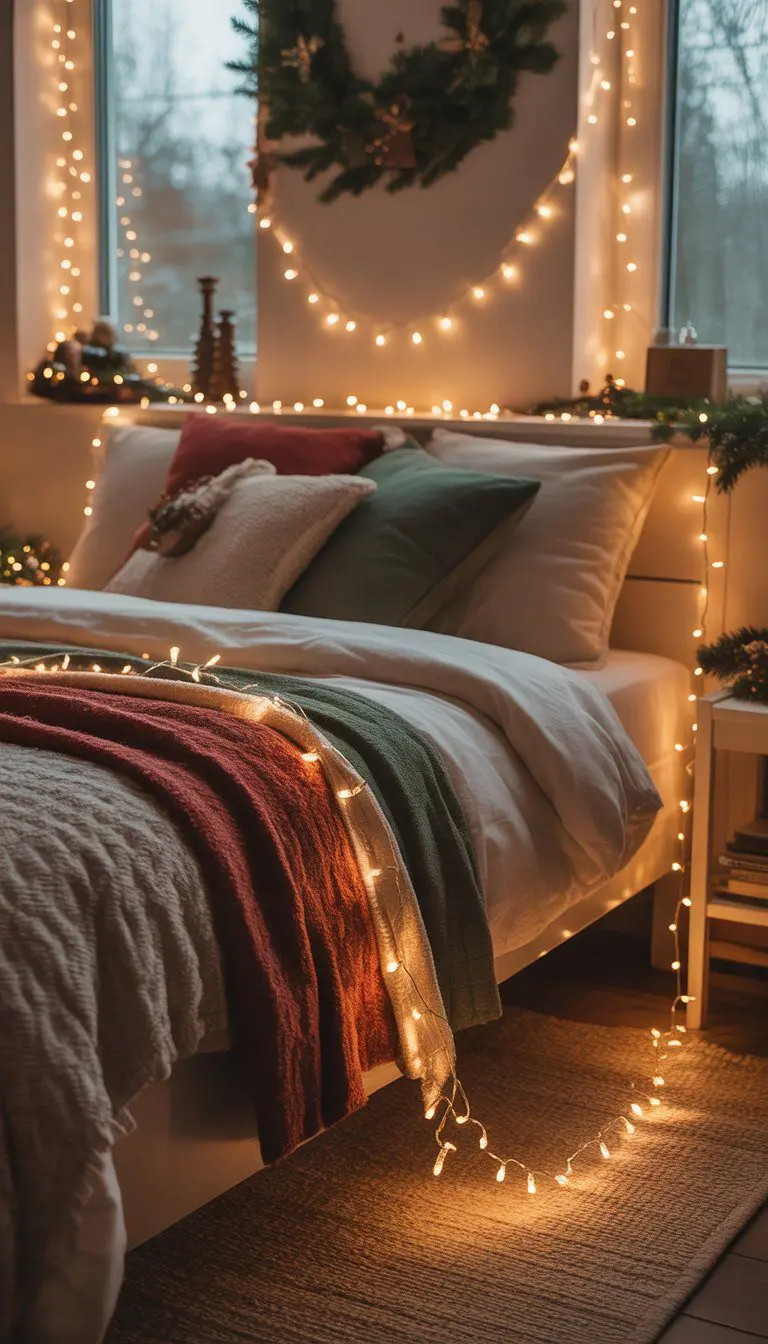 A cozy bedroom softly lit by vintage-style string lights with Christmas decorations and warm bedding.