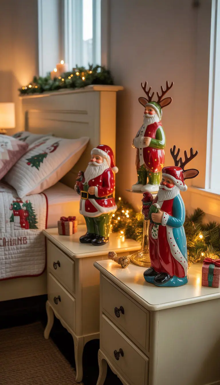A cozy bedroom with two nightstands displaying hand-painted ceramic Christmas figurines surrounded by holiday decorations.