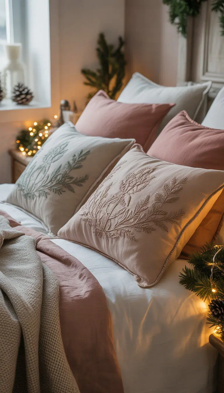 A cozy bedroom with embroidered linen pillows on a neatly made bed and subtle Christmas decorations.