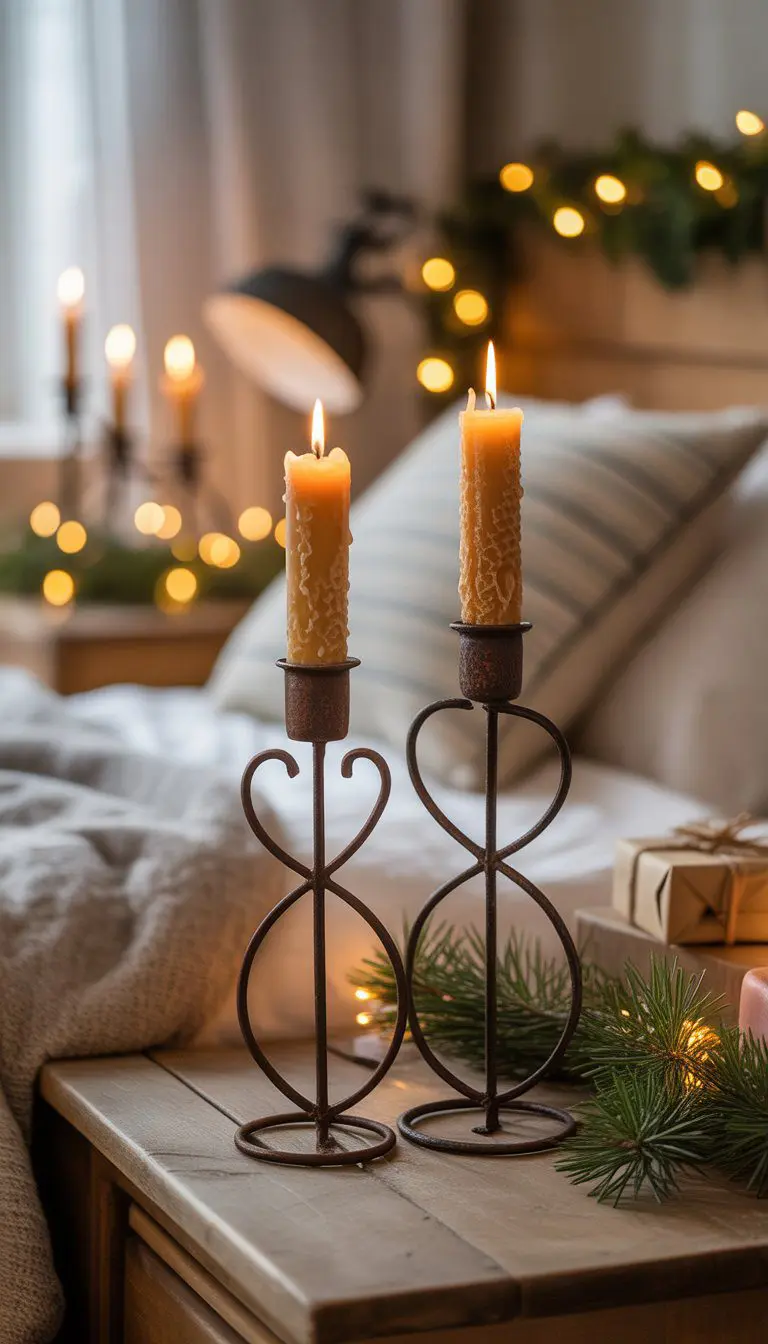 Rustic iron candle holders with beeswax candles on a wooden bedside table in a cozy bedroom decorated for Christmas.