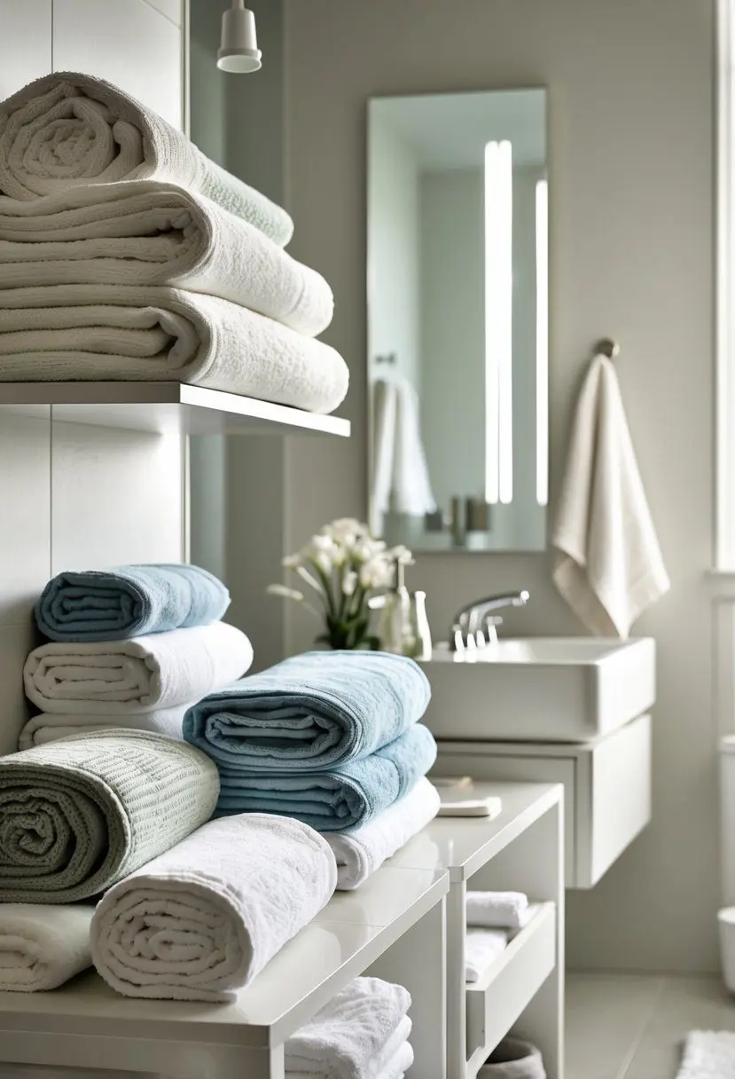 A bathroom display with neatly folded towels arranged on shelves and racks in various folding styles.