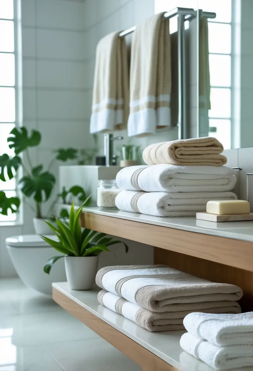 A neatly arranged bathroom display with folded and rolled towels on a wooden shelf and countertop, accompanied by green plants and bath accessories.