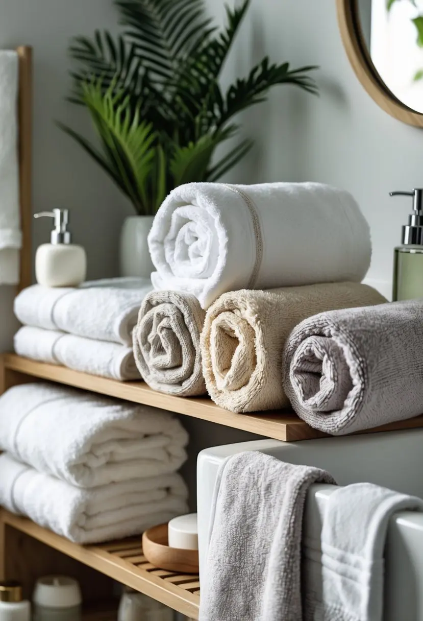 A bathroom shelf and towel rack with neatly folded and rolled towels arranged beside a sink.
