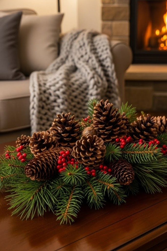 natural elements like pinecones and evergreen branches can add a simple and elegant touch to your winter living room. These materials bring texture and a sense of the outdoors inside, making your space feel fresh and calming.