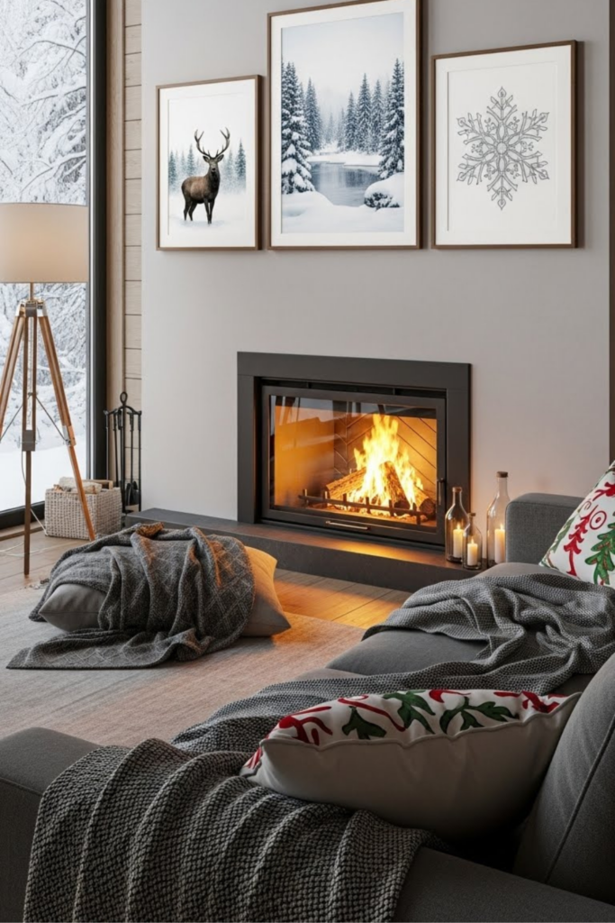 , seasonal touch to your living room by displaying winter-themed artwork or prints. Choose images like snowy landscapes, woodland animals, or delicate snowflakes to bring the quiet beauty of winter into your space.