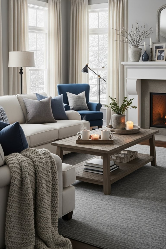 warm and inviting winter living room by choosing a muted color palette. Soft creams, gentle grays, and deep blues work well together to set a calm and cozy mood. These colors feel timeless and help your space look both elegant and comfortable.