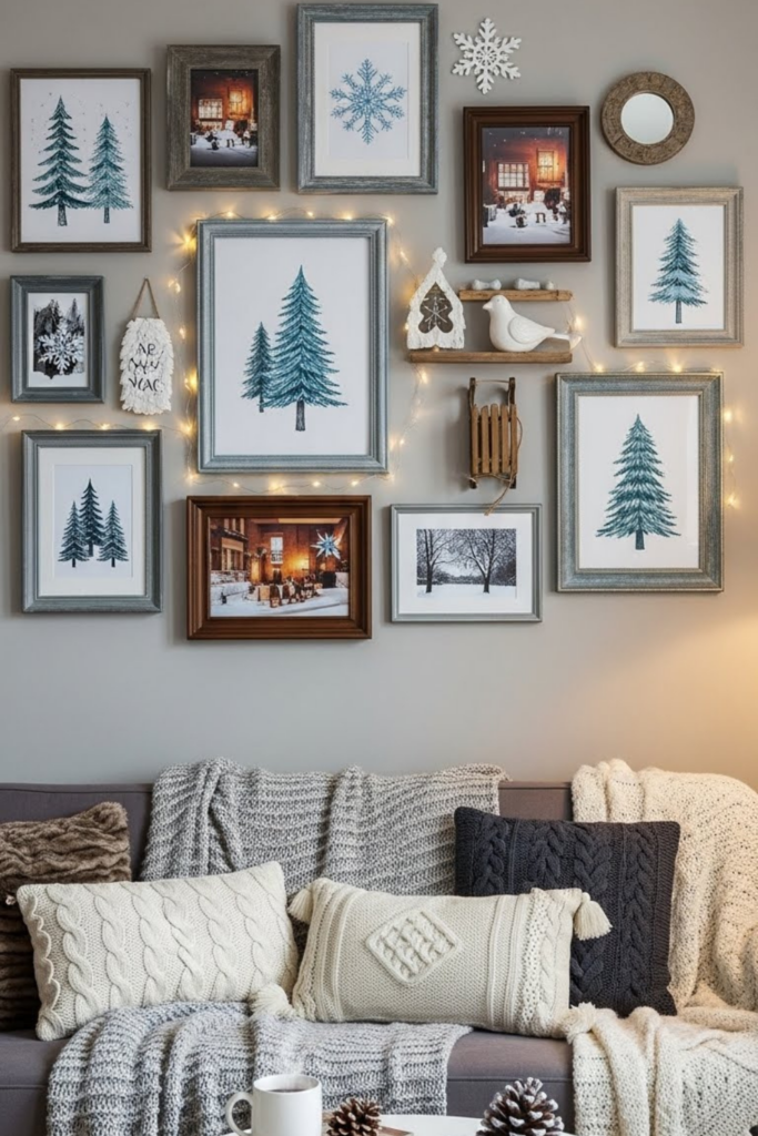  gallery wall is a great way to add personality to your living room during winter. Choose artwork, photos, and decorations that match your style. Including winter-themed items like snowflakes, pine trees, or cozy scenes can make the space feel seasonal.