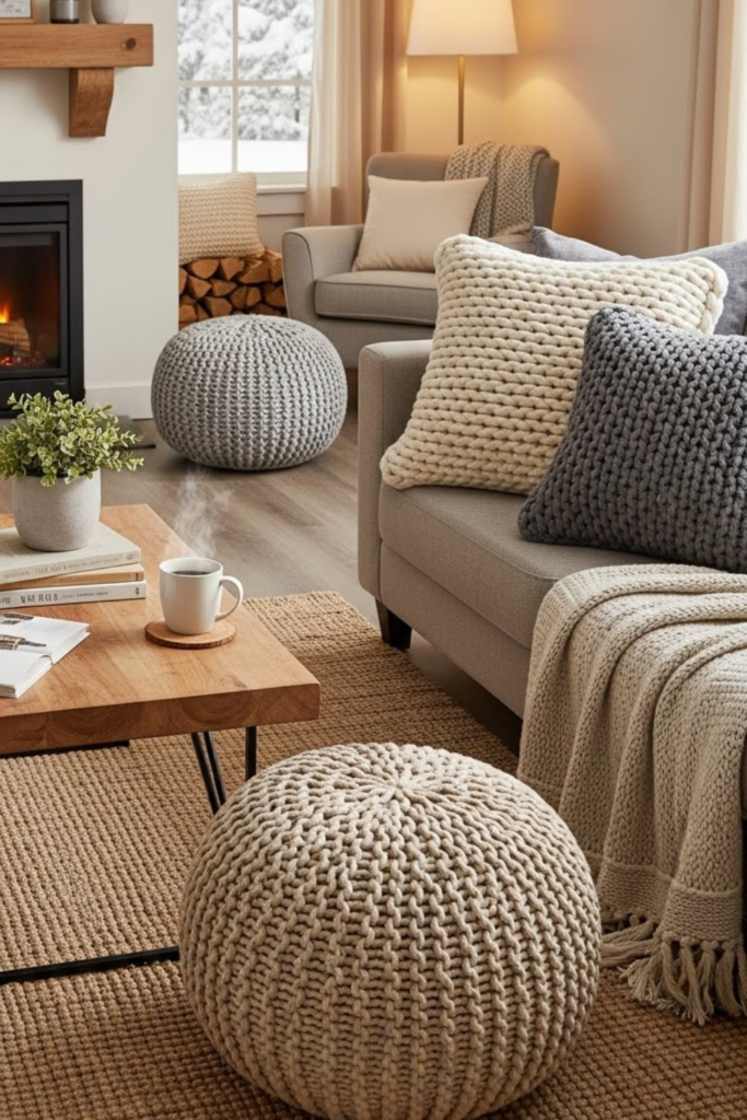 You can add chunky knit pillows and poufs to your living room to create a cozy and inviting space. These pieces bring texture and softness, making your room feel warmer during winter.