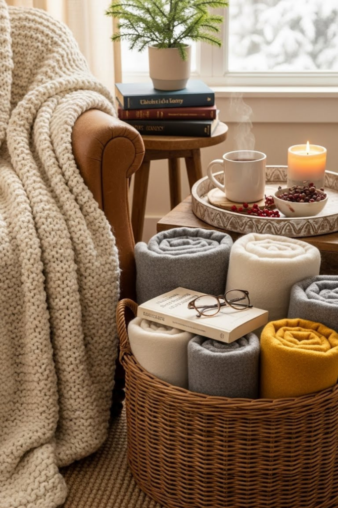 By placing baskets near your seating area, you keep everything within reach. They also make the room feel inviting and well-organized throughout the winter months.