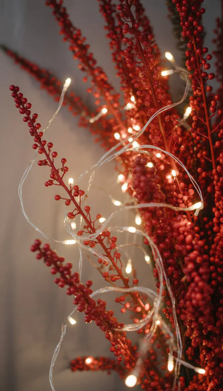 Close-up of white fairy lights wrapped around red berry sprays glowing softly.
