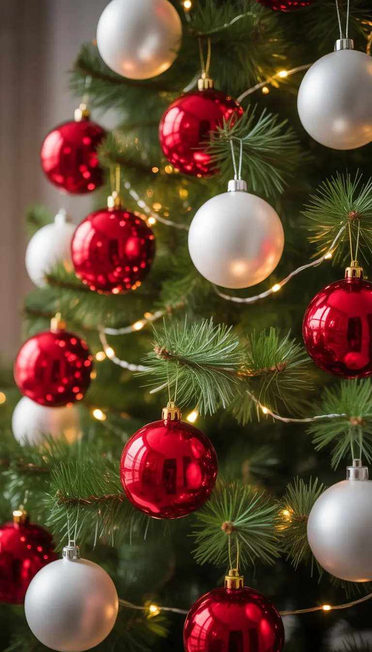 Close-up of a Christmas tree decorated with shiny red ceramic baubles and matte white ornaments, illuminated by warm white lights.