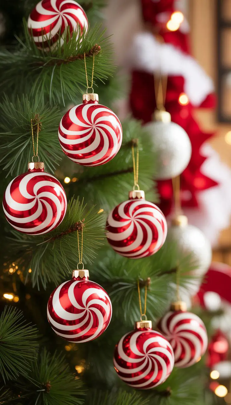 Close-up of red and white peppermint swirl Christmas ornaments hanging on a green pine tree branch.