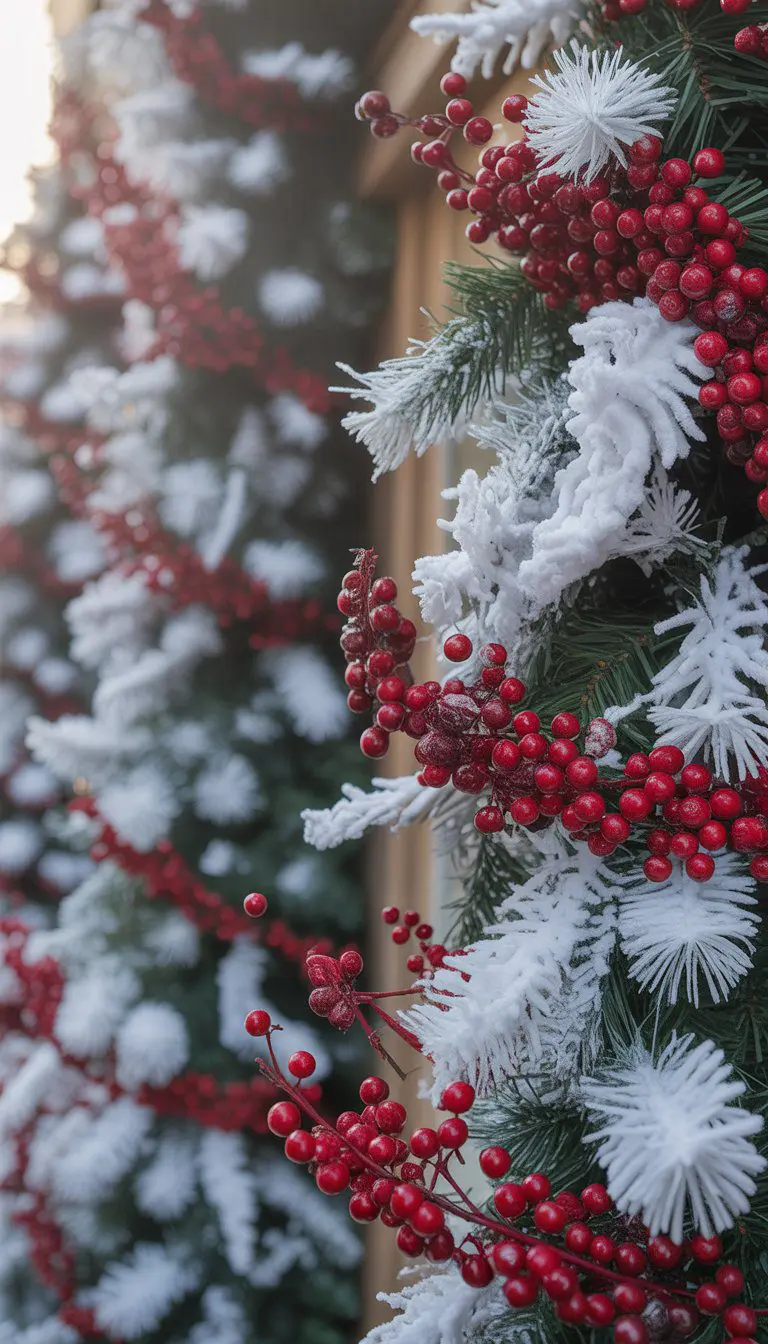 White garlands dusted with artificial snow and decorated with red berries.