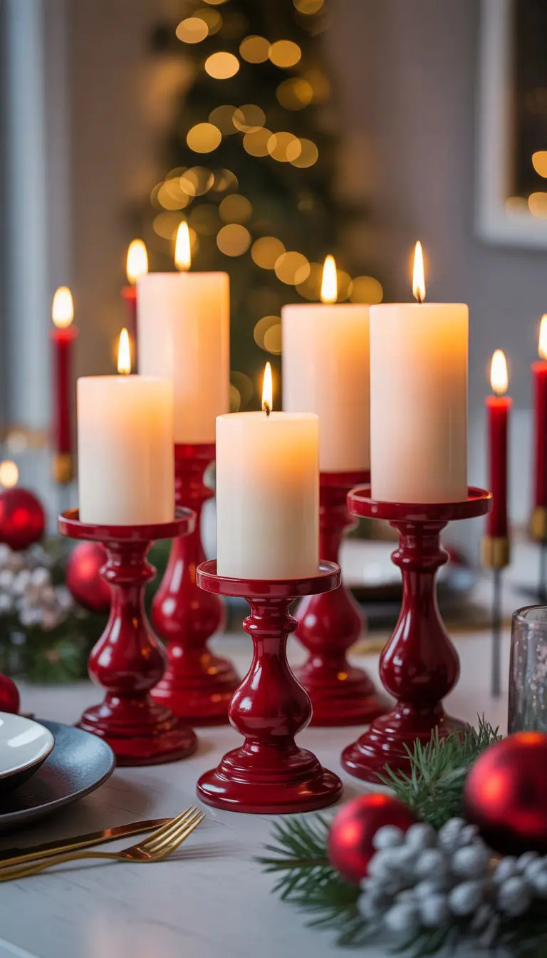 A festive table with red candleholders holding white pillar candles surrounded by Christmas decorations.