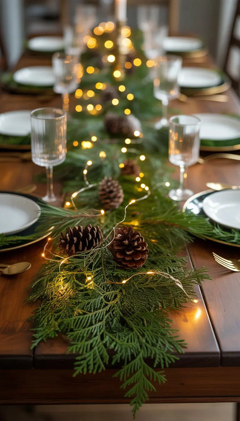 A Christmas dining table decorated with an evergreen garland runner, pinecones, and fairy lights.