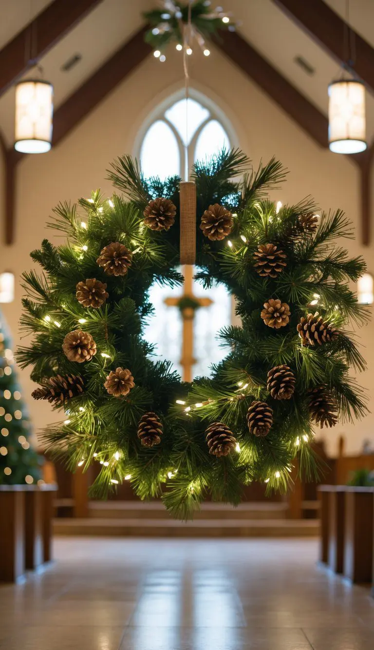 A Christmas wreath with pinecones and white lights hanging in a church lobby.