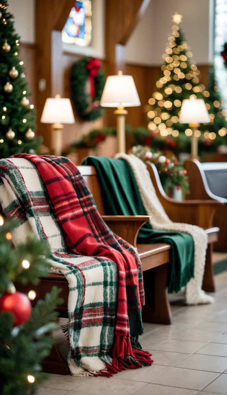 Church lobby with plaid throw blankets draped over seating areas and Christmas decorations.
