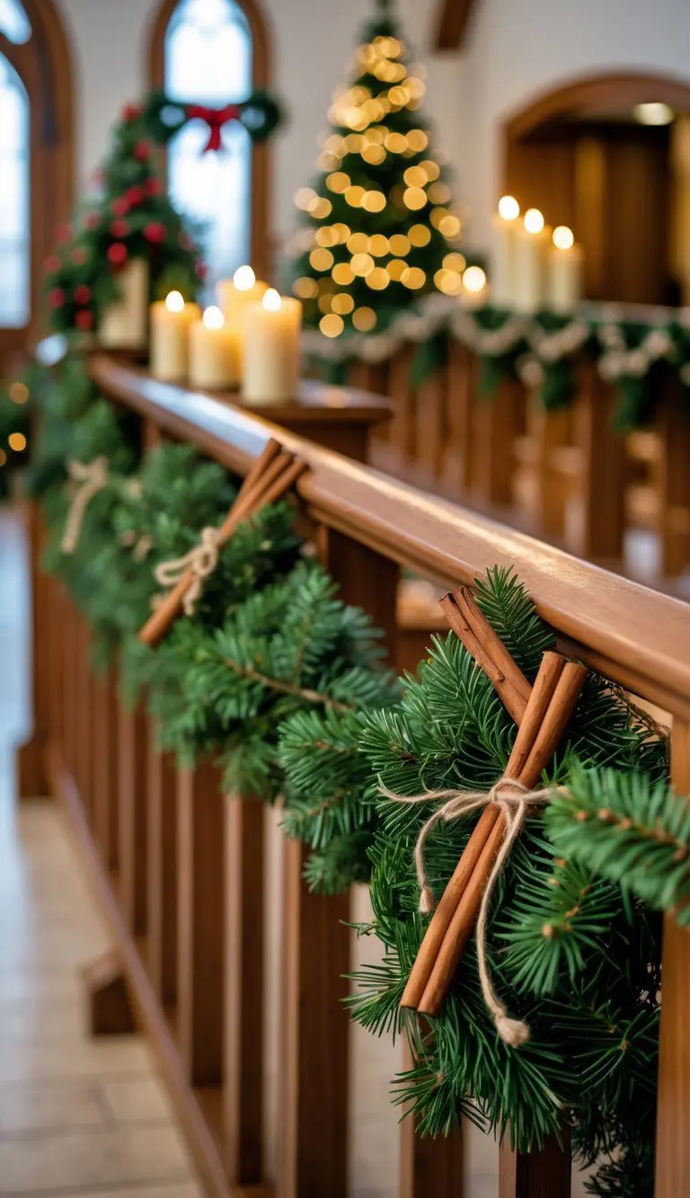 A church lobby decorated with fresh evergreen garlands accented with cinnamon sticks and warm holiday decorations.